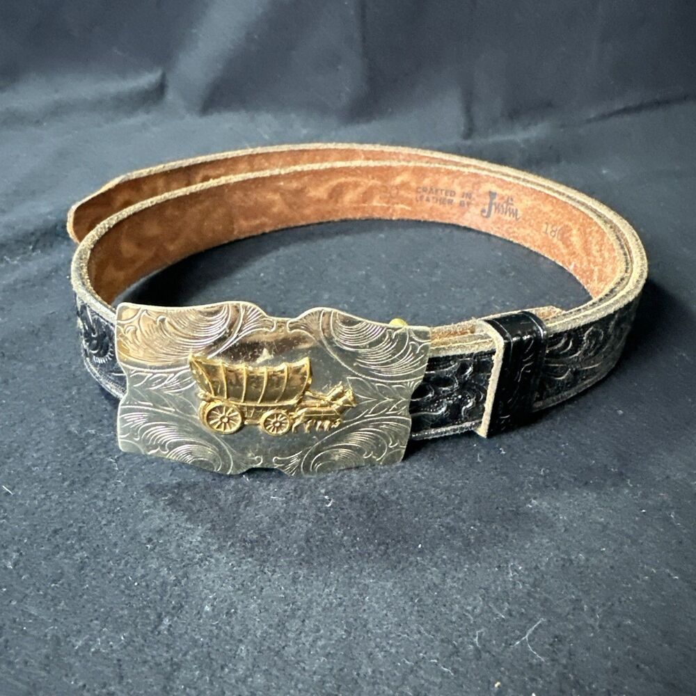 Justin Western Company Floral Etched Nickel Silver Buckle Belt Women Size 30